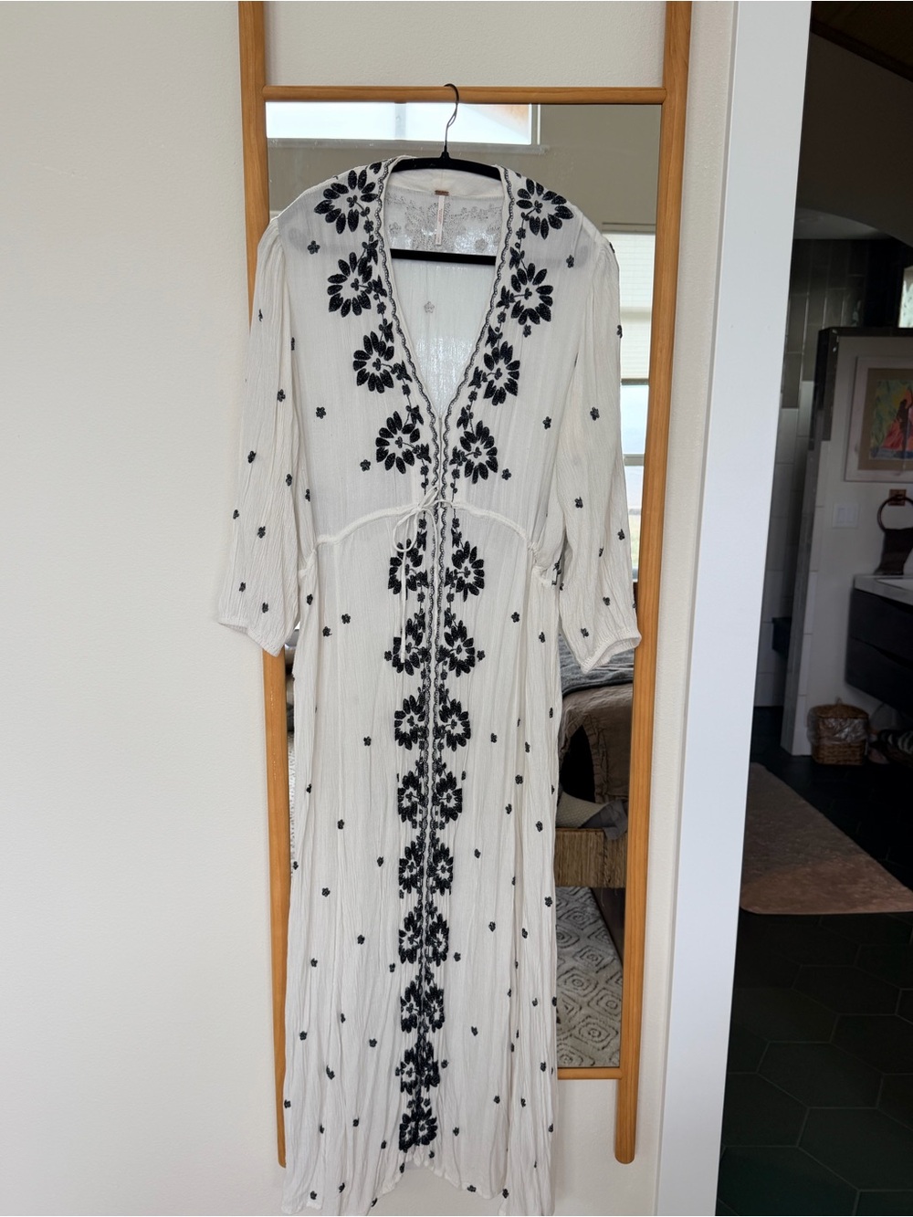 Free People White Maxi Dress with Black Floral Embroidery